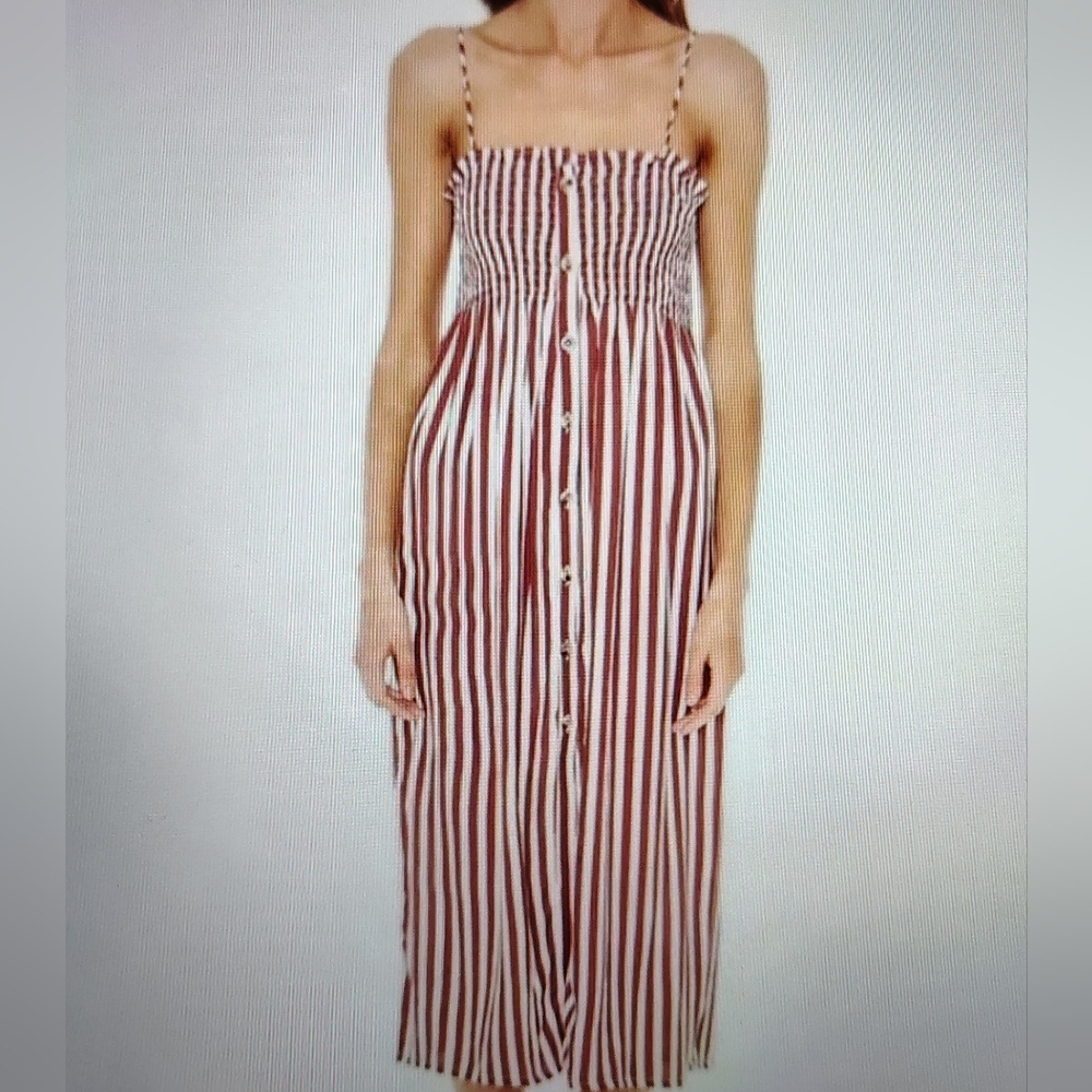 Anthropologie Faithfull The Brand 6 Suki Smocked Zeus Stripe Midi Dress - Picture 4 of 9